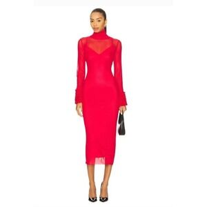 NEW Anthropologie AFRM Ariel Midi Dress Kiss Red Mesh High Neck 1X Bodycon Sexy